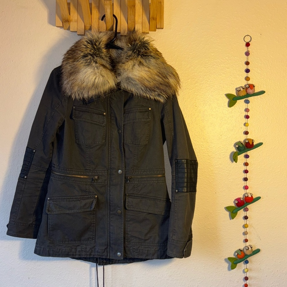 Dark Olive Utility Parka with Faux Fur Trim